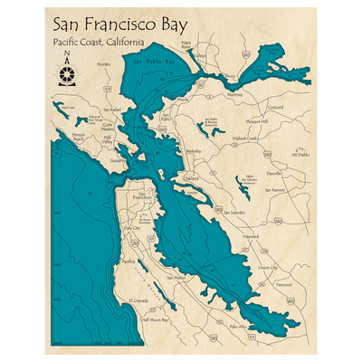 Bathymetric topo map of San Francisco Bay, CA with roads, towns and depths noted in blue water.