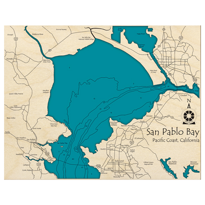 Bathymetric topo map of San Pablo Bay, CA with roads, towns and depths noted in blue water.