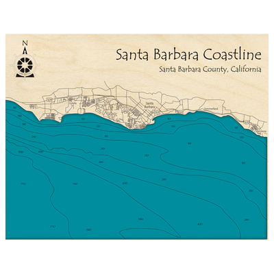 Bathymetric topo map of Santa Barbara Coast, CA with roads, towns and depths noted in blue water.