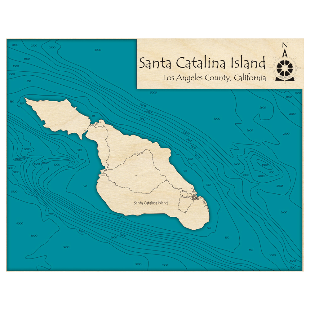 Bathymetric topo map of Santa Catalina Island, CA with roads, towns and depths noted in blue water.