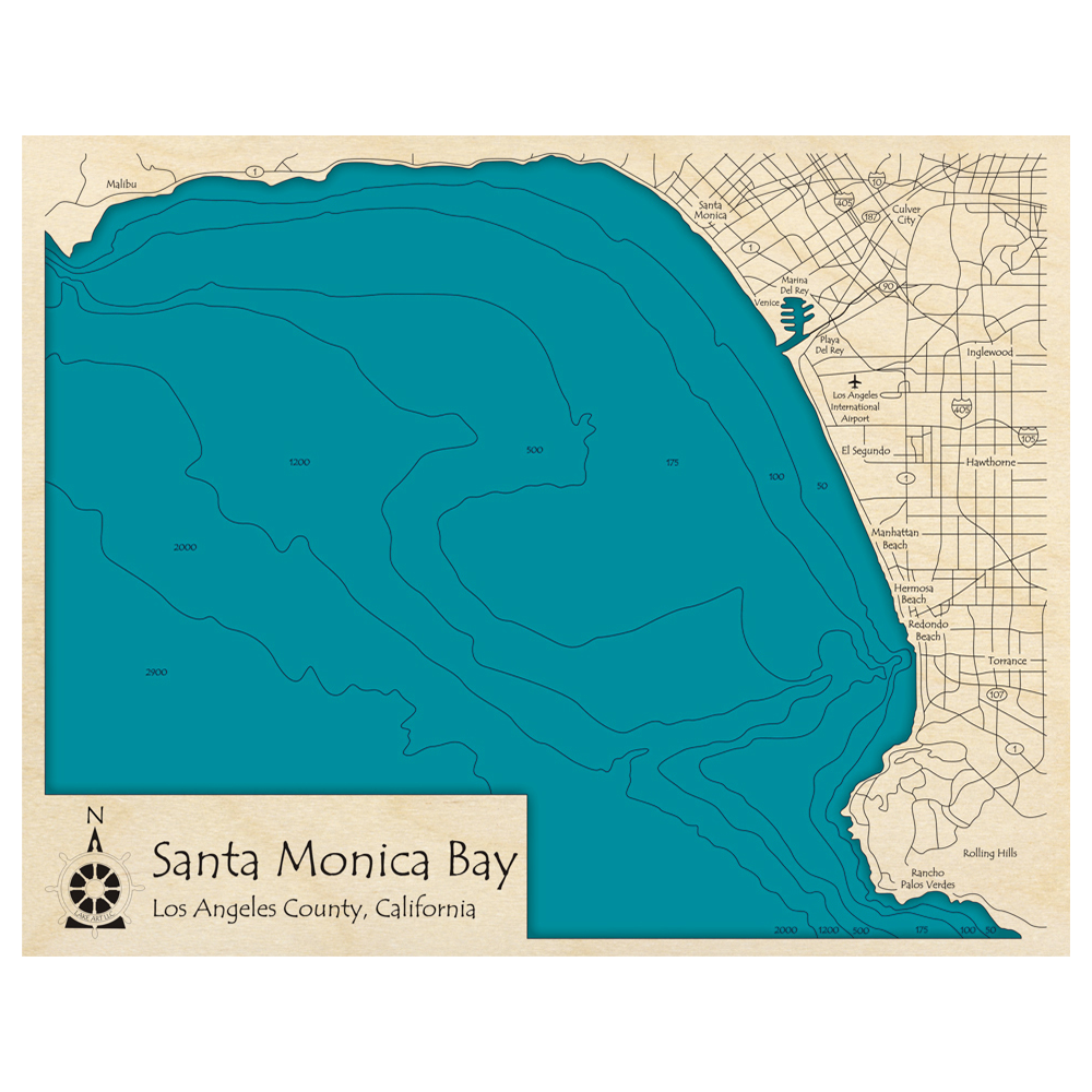 Bathymetric topo map of Santa Monica Bay, CA with roads, towns and depths noted in blue water.