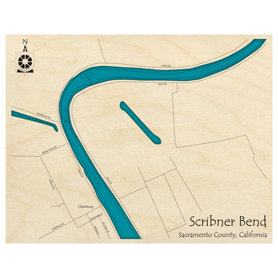 Bathymetric topo map of Sacramento River at Scribner Bend, CA with roads, towns and depths noted in blue water.
