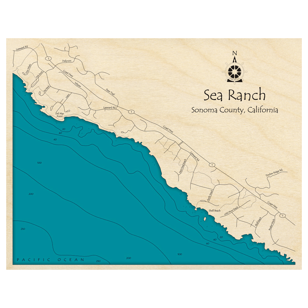 Bathymetric topo map of Sea Ranch, CA with roads, towns and depths noted in blue water.