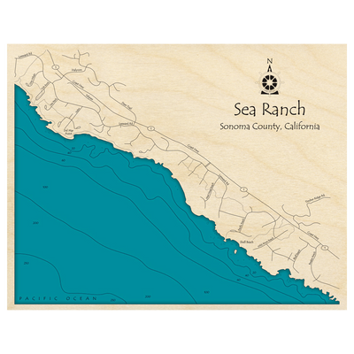 Bathymetric topo map of Sea Ranch, CA with roads, towns and depths noted in blue water.