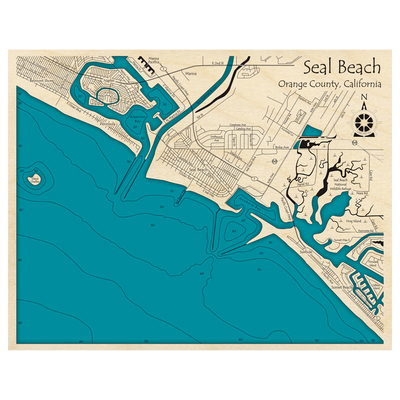 Bathymetric topo map of Seal Beach, CA with roads, towns and depths noted in blue water.