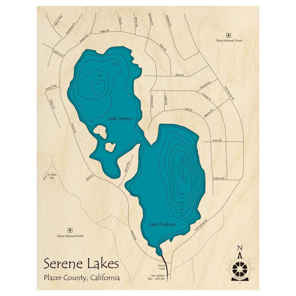 Bathymetric topo map of Serene Lakes, CA with roads, towns and depths noted in blue water.