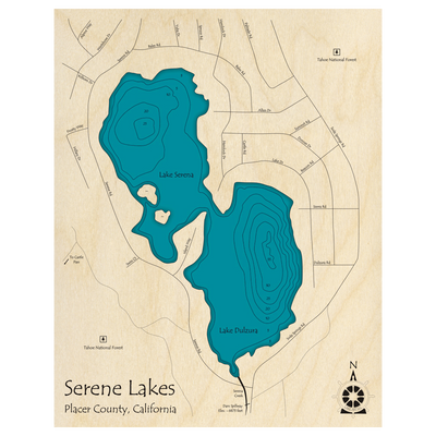 Bathymetric topo map of Serene Lakes, CA with roads, towns and depths noted in blue water.