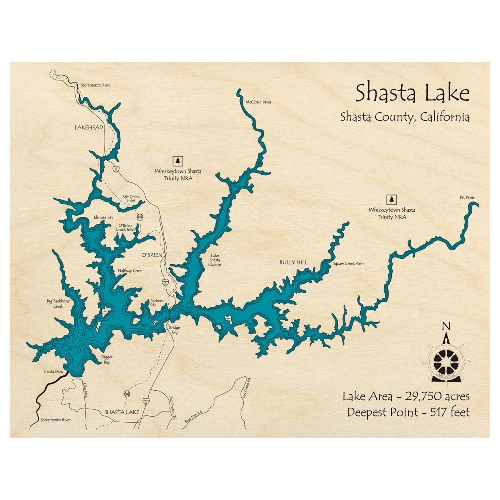 Bathymetric topo map of Shasta Lake, CA with roads, towns and depths noted in blue water.