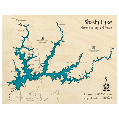 Bathymetric topo map of Shasta Lake, CA with roads, towns and depths noted in blue water.