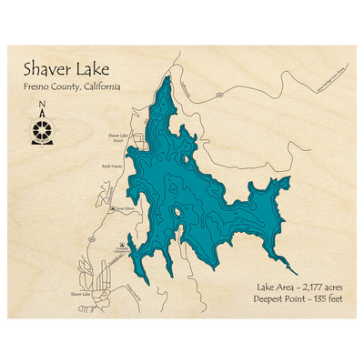 Bathymetric topo map of Shaver Lake, CA with roads, towns and depths noted in blue water.