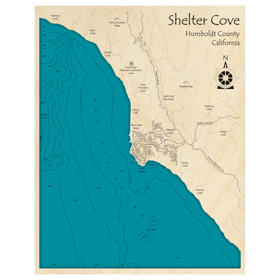 Bathymetric topo map of Shelter Cove, CA with roads, towns and depths noted in blue water.