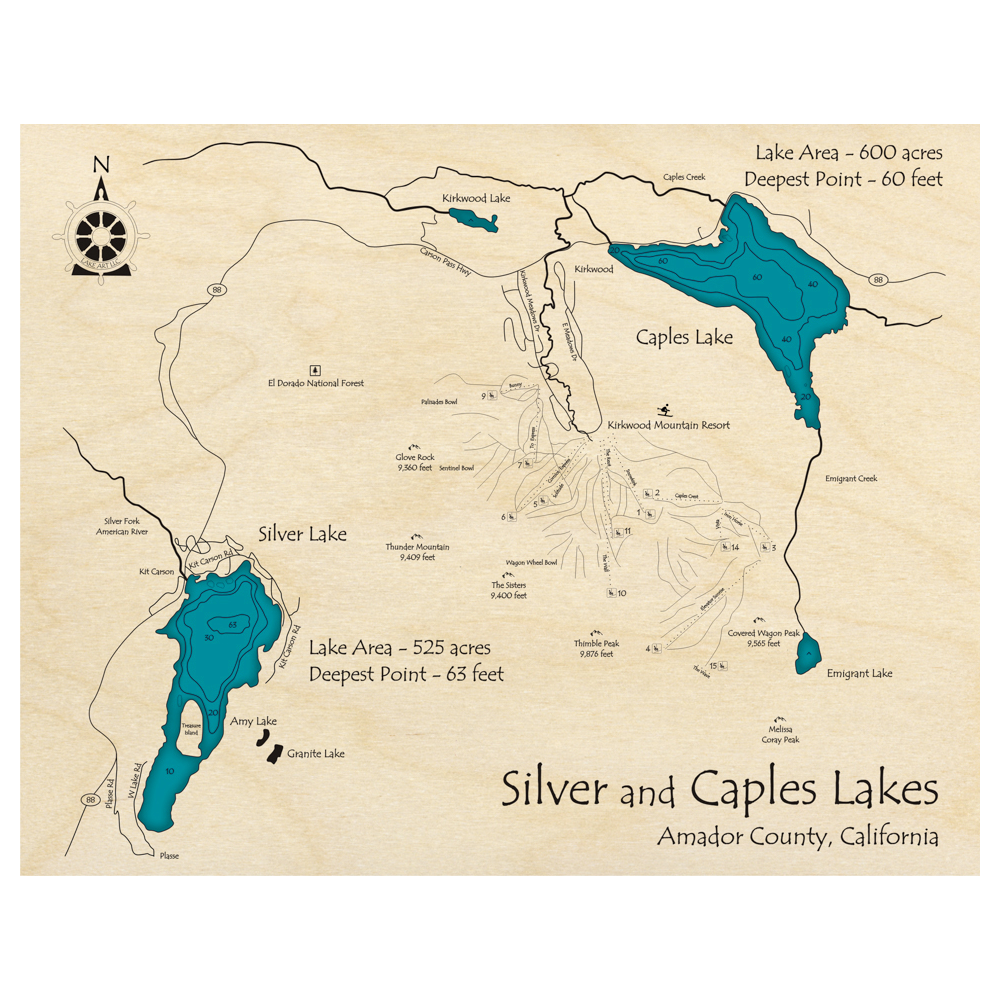 Bathymetric topo map of Silver and Caples Lakes, CA with roads, towns and depths noted in blue water.