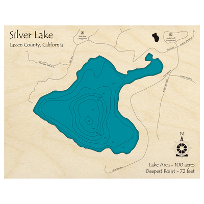 Bathymetric topo map of Silver Lake, CA with roads, towns and depths noted in blue water.