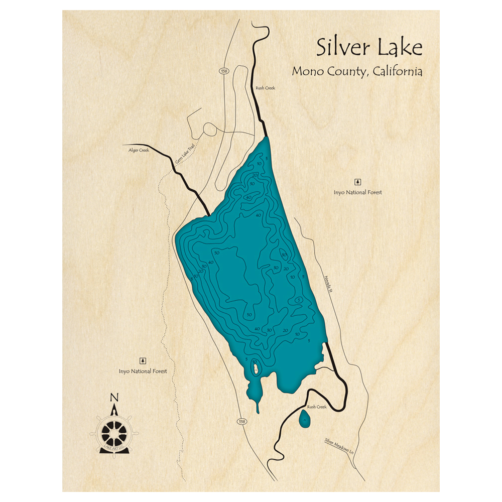 Bathymetric topo map of Silver Lake, CA with roads, towns and depths noted in blue water.