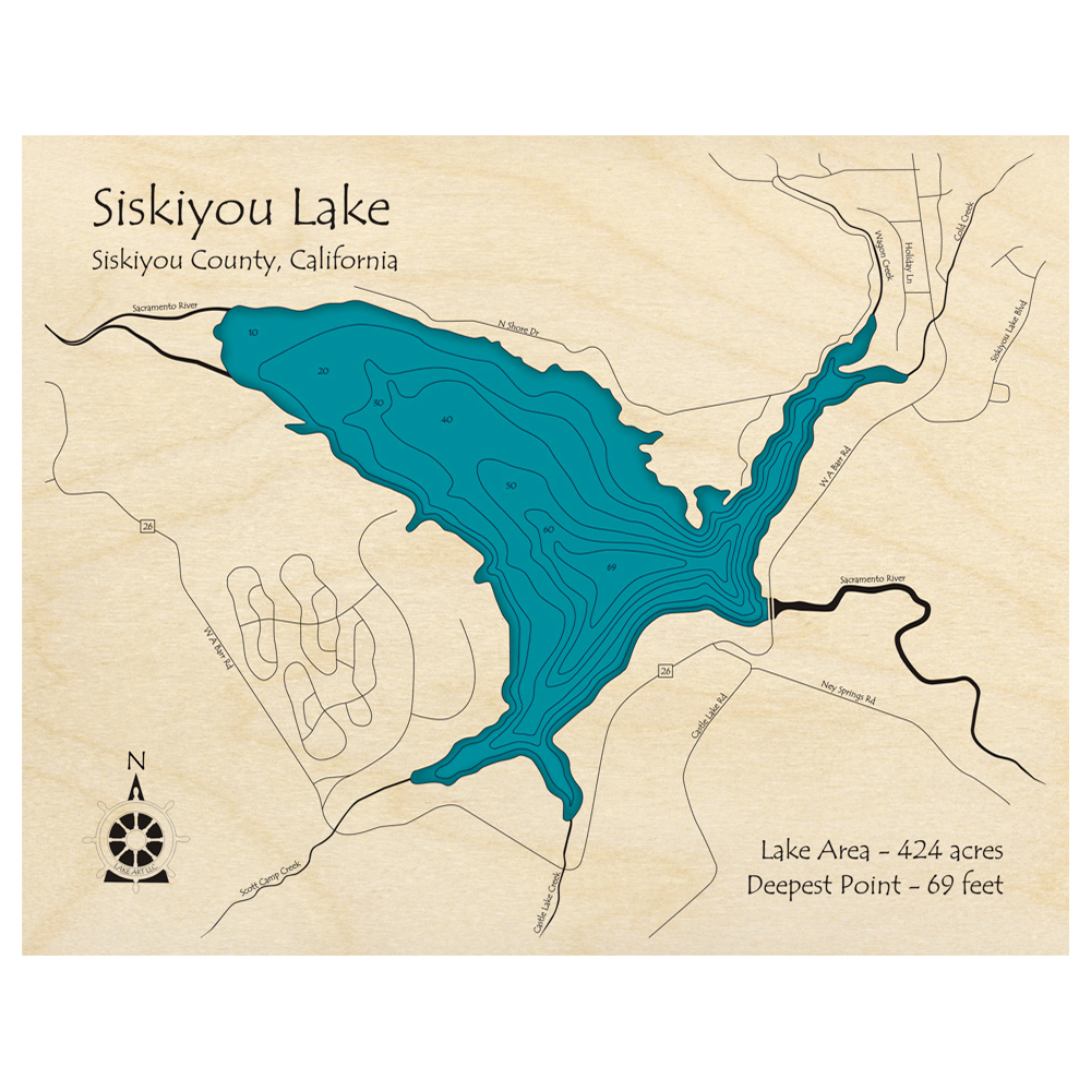 Bathymetric topo map of Siskiyou Lake, CA with roads, towns and depths noted in blue water.