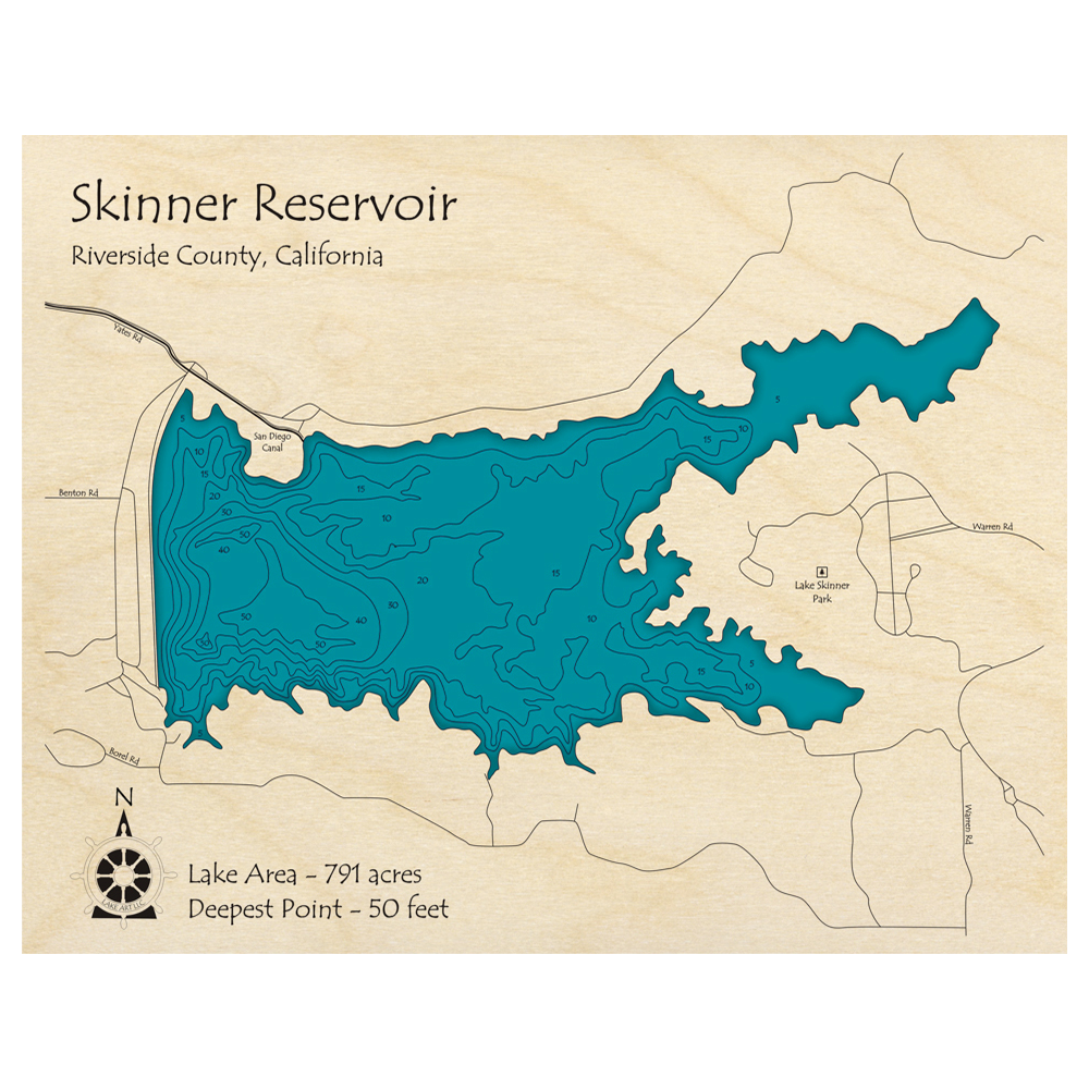 Bathymetric topo map of Skinner Reservoir, CA with roads, towns and depths noted in blue water.