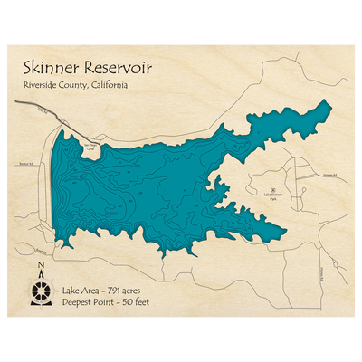 Bathymetric topo map of Skinner Reservoir, CA with roads, towns and depths noted in blue water.