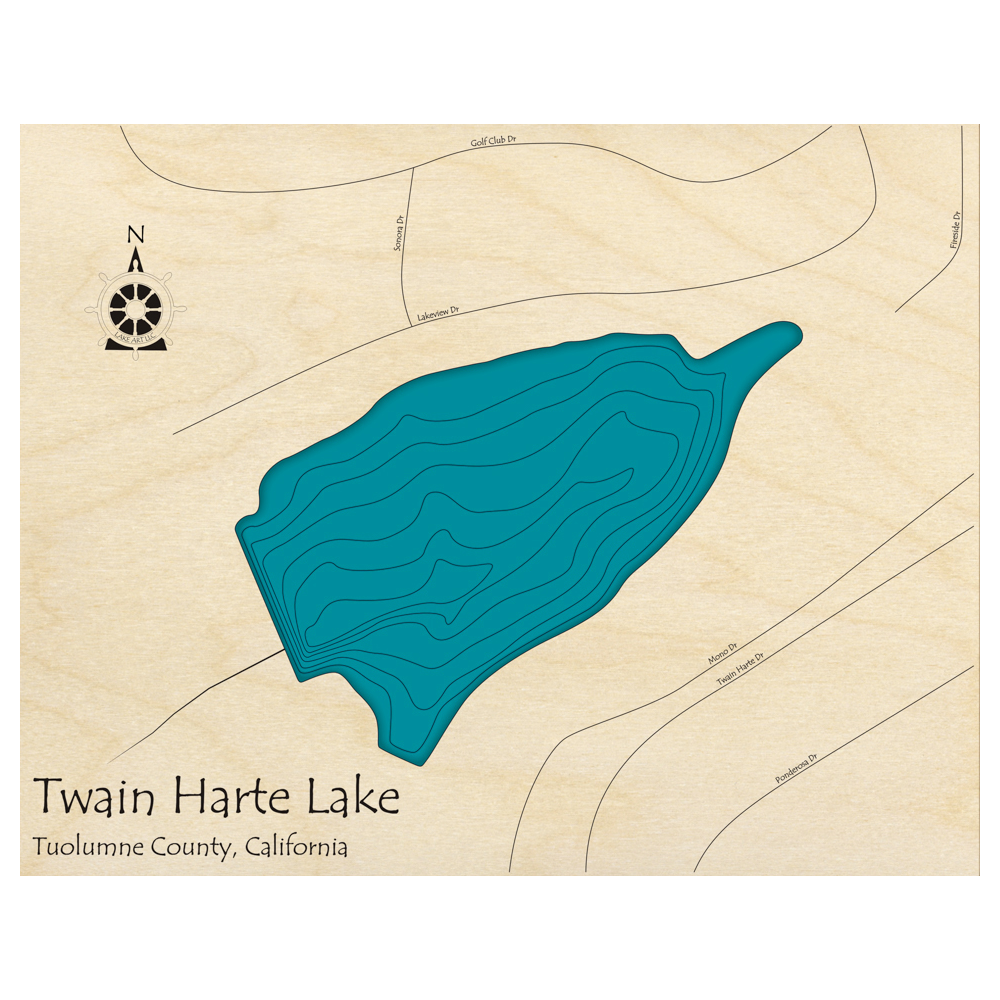 Bathymetric topo map of Twain Harte Lake, CA with roads, towns and depths noted in blue water.