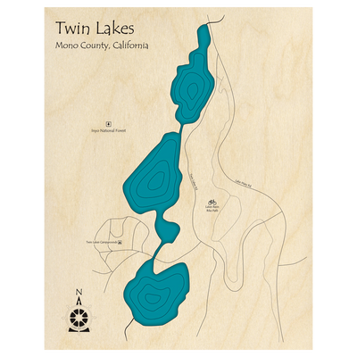 Bathymetric topo map of Twin Lakes, CA with roads, towns and depths noted in blue water.
