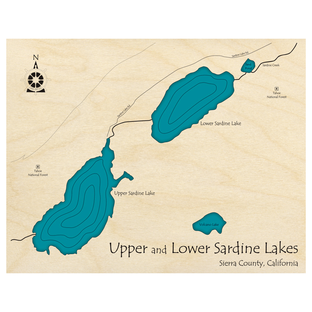 Bathymetric topo map of Upper and Lower Sardine Lakes, CA with roads, towns and depths noted in blue water.