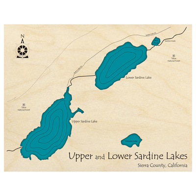 Bathymetric topo map of Upper and Lower Sardine Lakes, CA with roads, towns and depths noted in blue water.