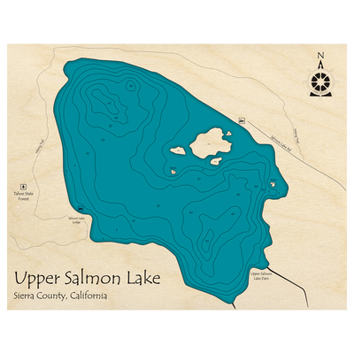 Bathymetric topo map of Upper Salmon Lake, CA with roads, towns and depths noted in blue water.