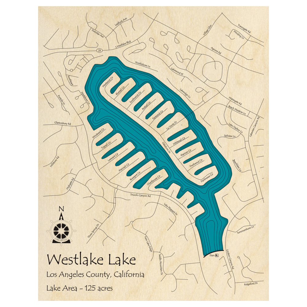 Bathymetric topo map of Westlake Lake, CA with roads, towns and depths noted in blue water.