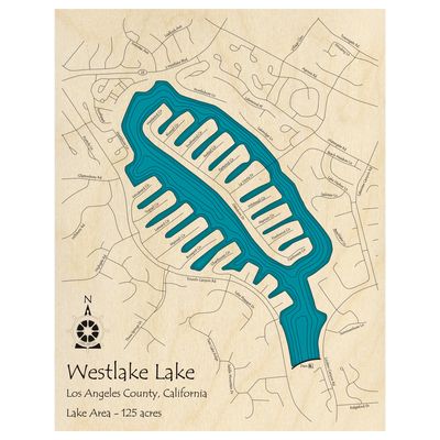 Bathymetric topo map of Westlake Lake, CA with roads, towns and depths noted in blue water.
