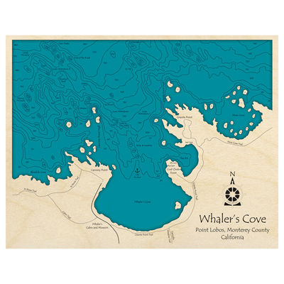 Bathymetric topo map of Whalers Cove on Point Lobos, CA with roads, towns and depths noted in blue water.
