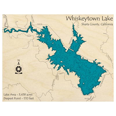 Bathymetric topo map of Whiskeytown Lake, CA with roads, towns and depths noted in blue water.
