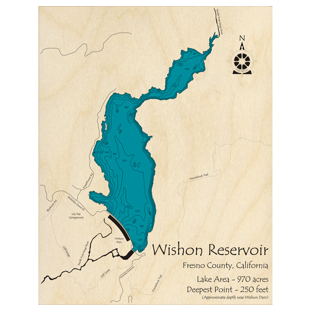 Bathymetric topo map of Wishon Reservoir, CA with roads, towns and depths noted in blue water.