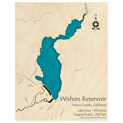 Bathymetric topo map of Wishon Reservoir, CA with roads, towns and depths noted in blue water.