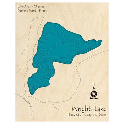 Bathymetric topo map of Wrights Lake, CA with roads, towns and depths noted in blue water.