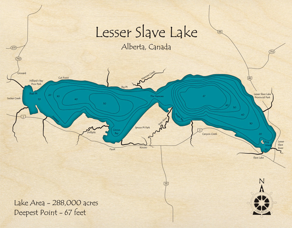 Bathymetric topo map of Lesser Slave Lake, AB with roads, towns and depths noted in blue water.