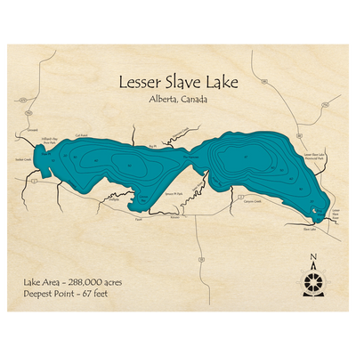Bathymetric topo map of Lesser Slave Lake, AB with roads, towns and depths noted in blue water.