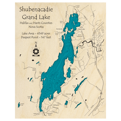 Bathymetric topo map of Shubenacadie Grand Lake, NS with roads, towns and depths noted in blue water.