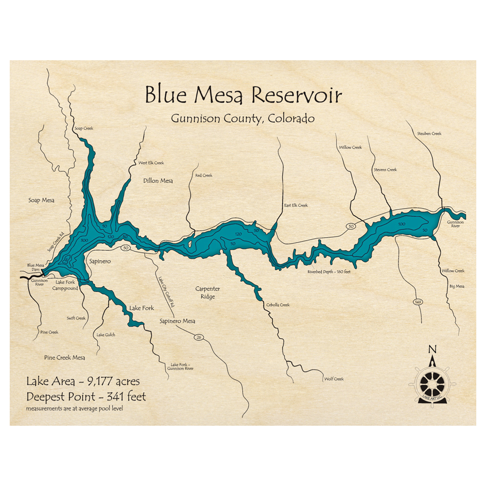 Bathymetric topo map of Blue Mesa Reservoir, CO with roads, towns and depths noted in blue water.