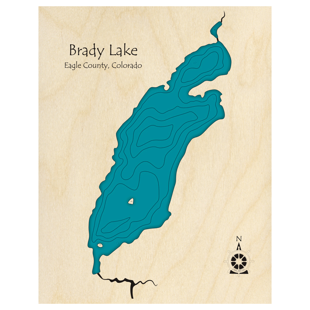 Bathymetric topo map of Brady Lake, CO with roads, towns and depths noted in blue water.