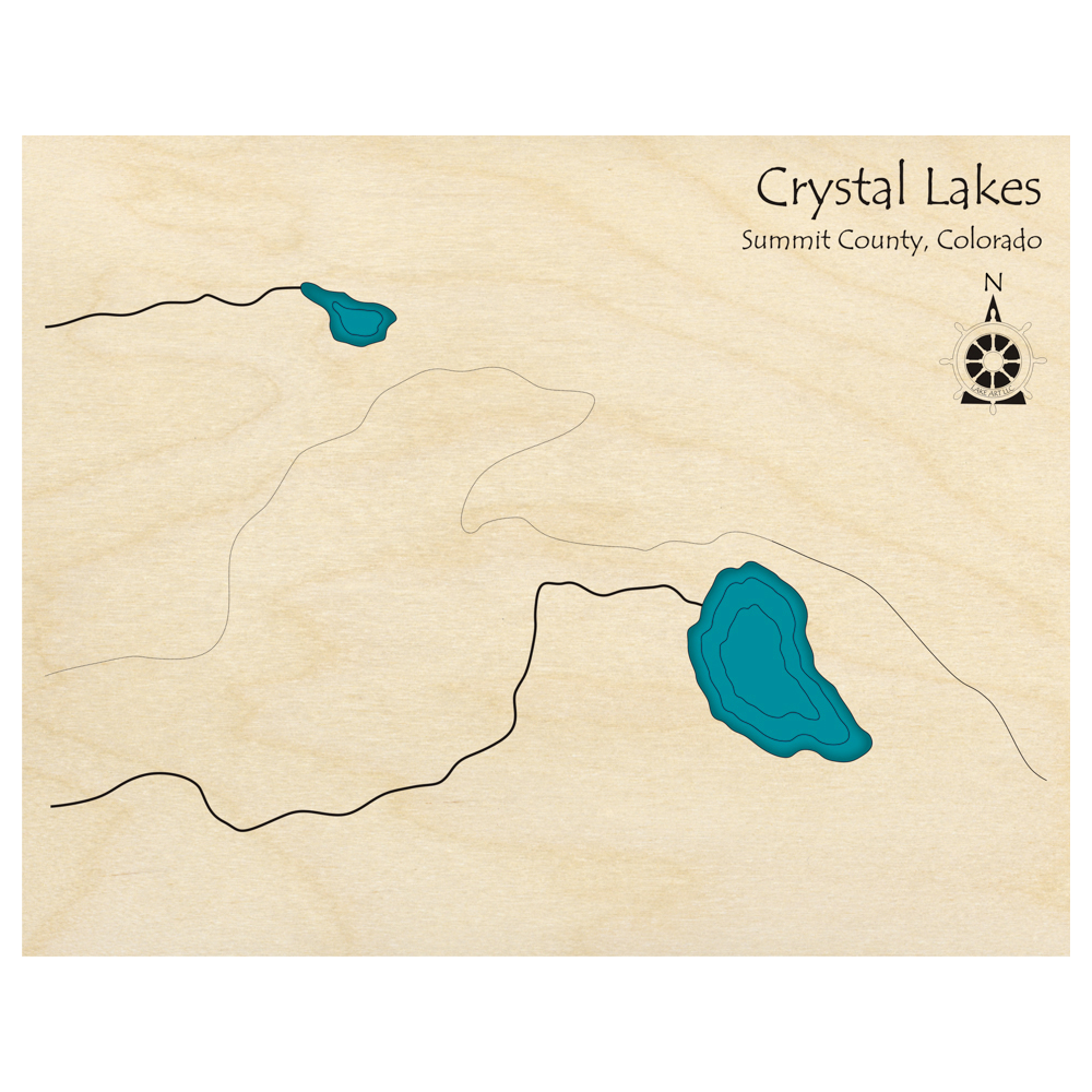 Bathymetric topo map of Crystal Lakes, CO with roads, towns and depths noted in blue water.