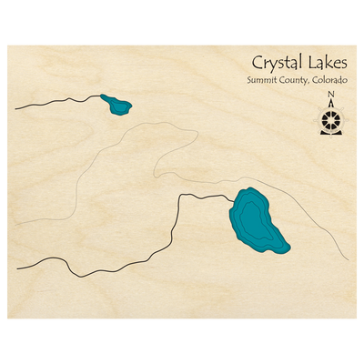 Bathymetric topo map of Crystal Lakes, CO with roads, towns and depths noted in blue water.