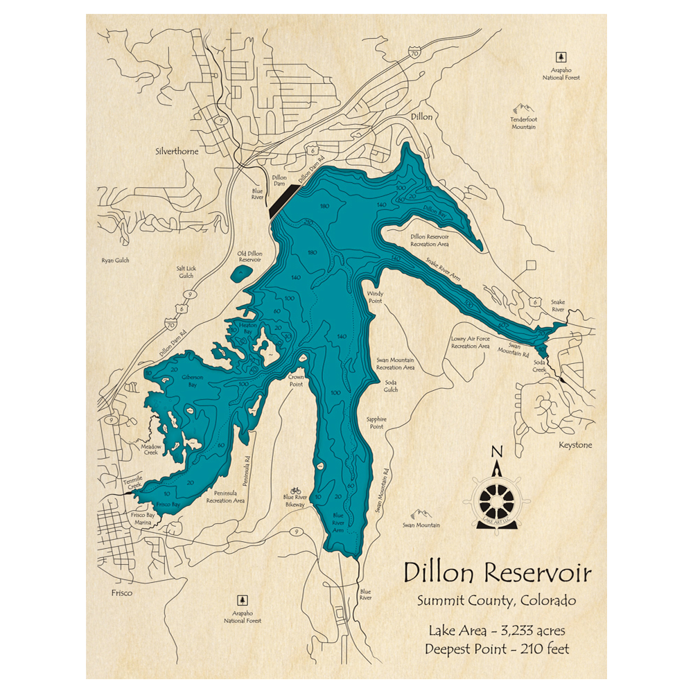 Bathymetric topo map of Dillon Reservoir, CO with roads, towns and depths noted in blue water.
