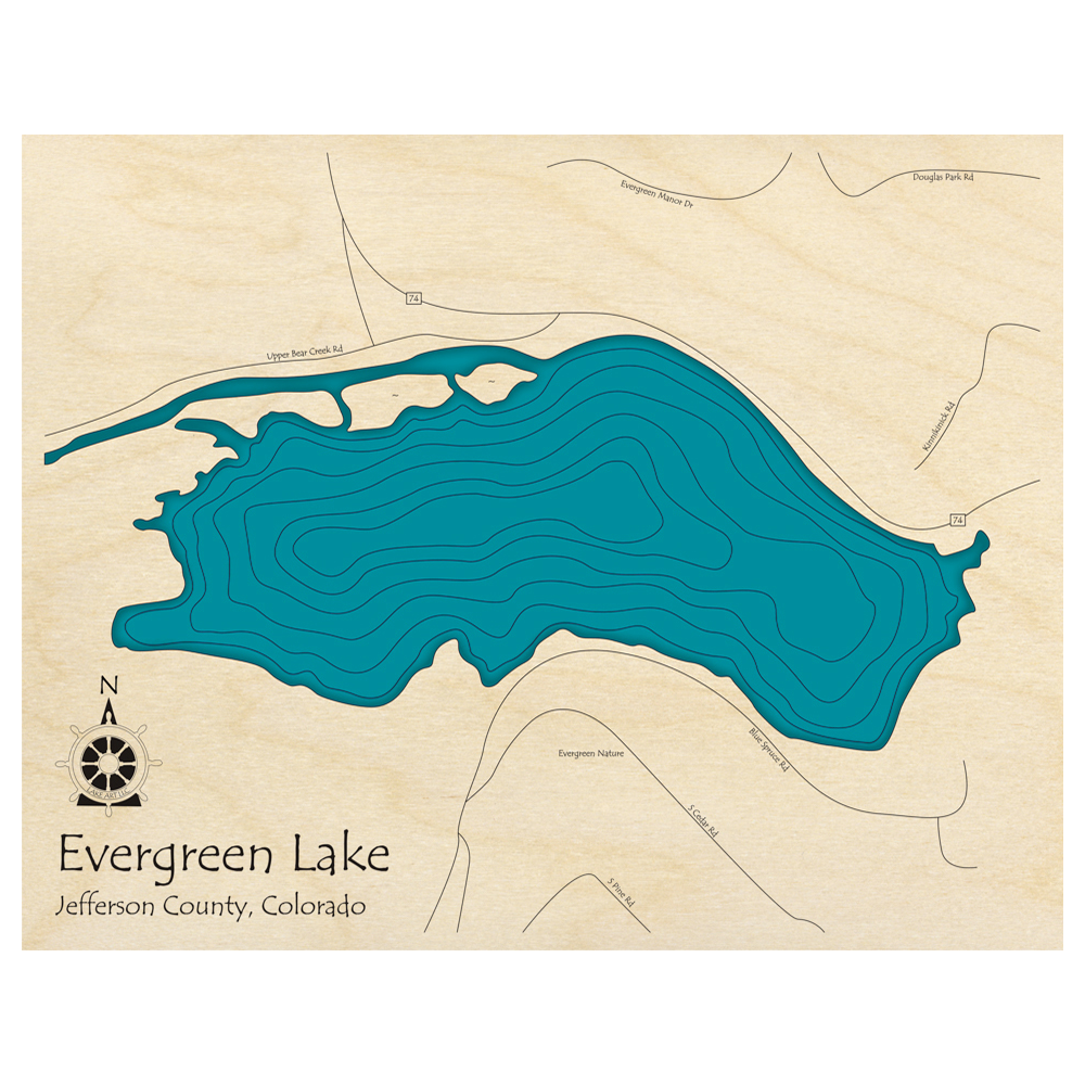 Bathymetric topo map of Evergreen Lake, CO with roads, towns and depths noted in blue water.