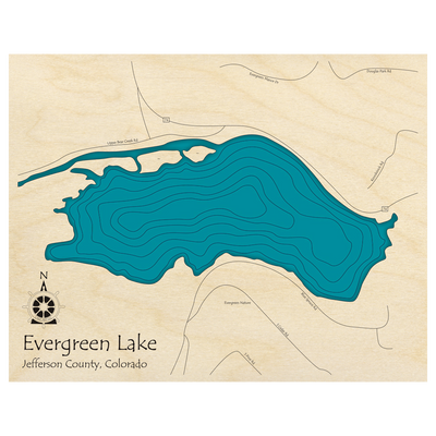 Bathymetric topo map of Evergreen Lake, CO with roads, towns and depths noted in blue water.