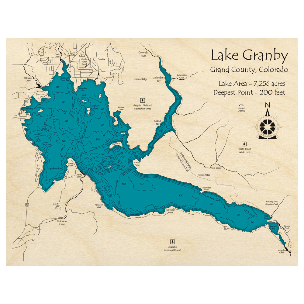 Bathymetric topo map of Granby Lake, CO with roads, towns and depths noted in blue water.