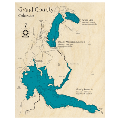 Bathymetric topo map of Grand County Lakes, CO with roads, towns and depths noted in blue water.