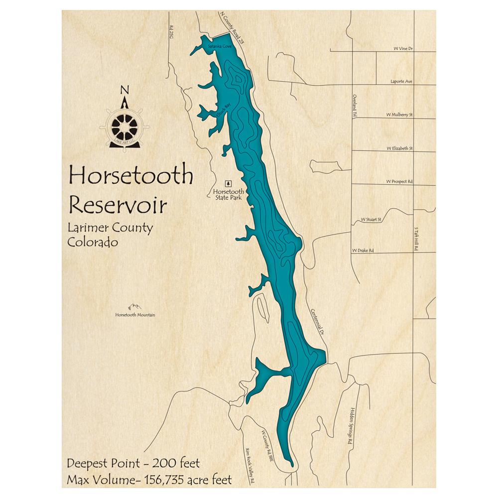 Bathymetric topo map of Horsetooth Reservoir, CO with roads, towns and depths noted in blue water.