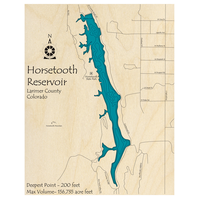 Bathymetric topo map of Horsetooth Reservoir, CO with roads, towns and depths noted in blue water.