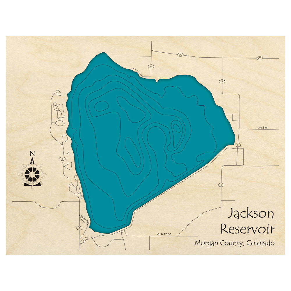 Bathymetric topo map of Jackson Reservoir, CO with roads, towns and depths noted in blue water.
