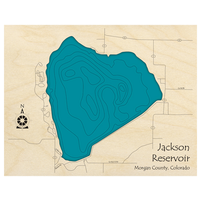 Bathymetric topo map of Jackson Reservoir, CO with roads, towns and depths noted in blue water.