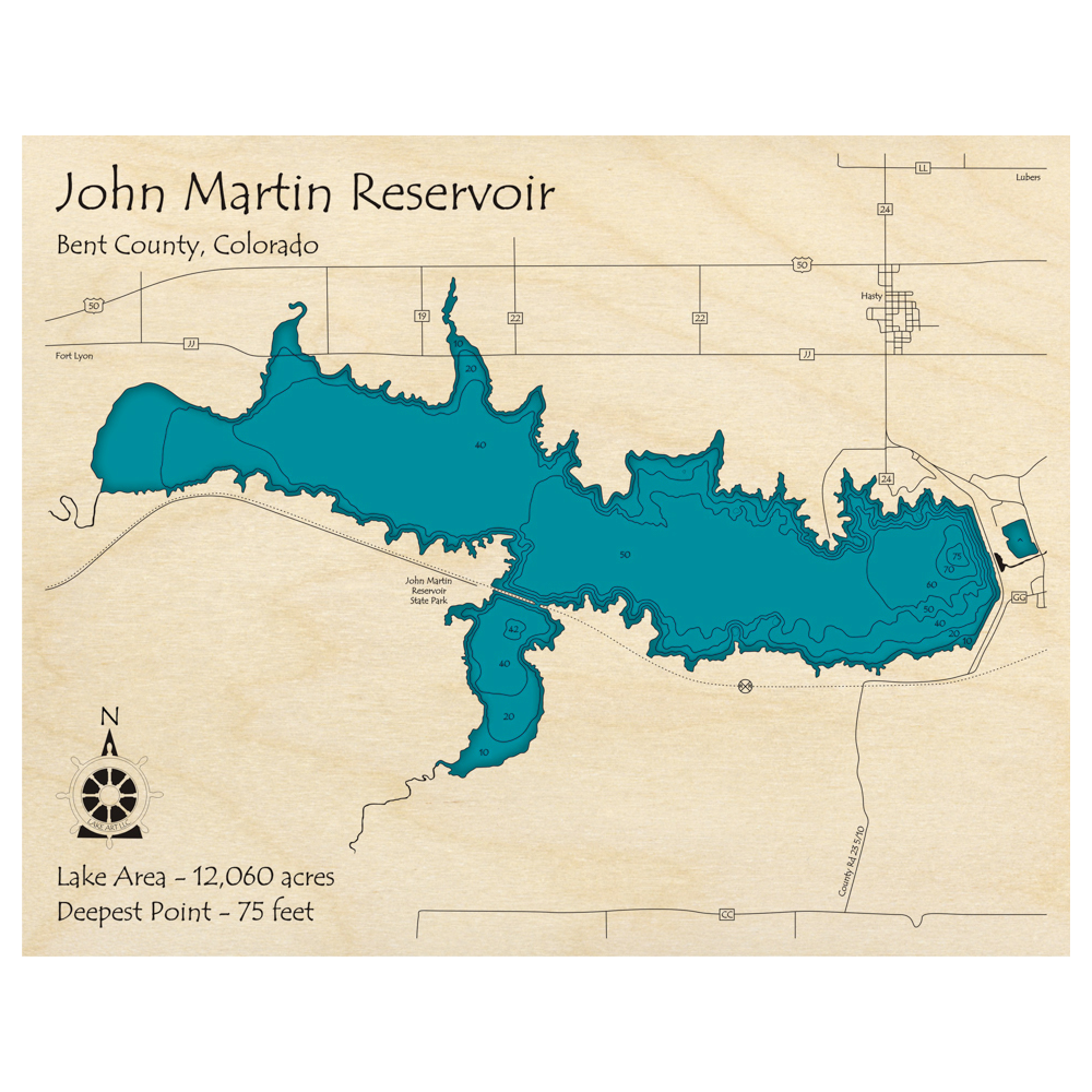 Bathymetric topo map of John Martin Reservoir, CO with roads, towns and depths noted in blue water.